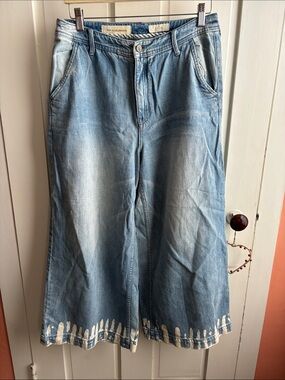 Pilcro and the Letterpress Light Blue Wide-Leg Jeans with White Hem Paint
